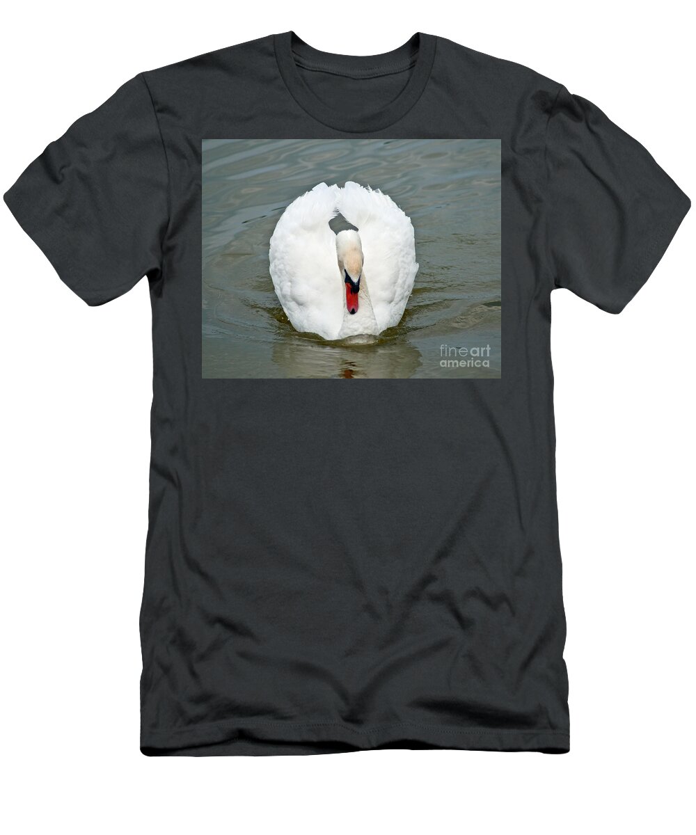 White T-Shirt featuring the photograph White Swan Swimming by Stephen Whalen