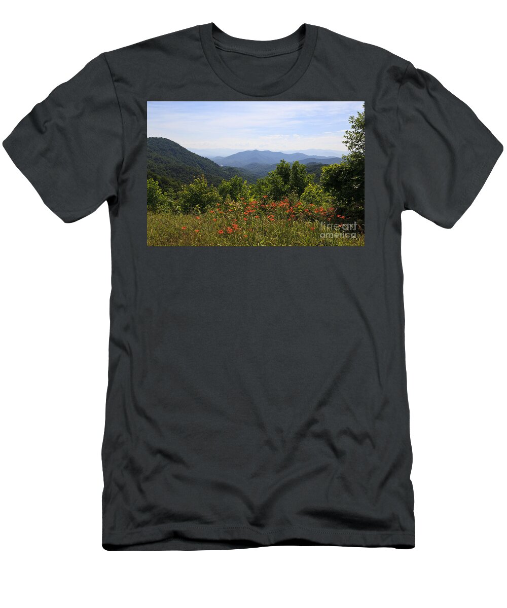 Blue T-Shirt featuring the photograph Wild Lilies with a Mountain View by Jill Lang