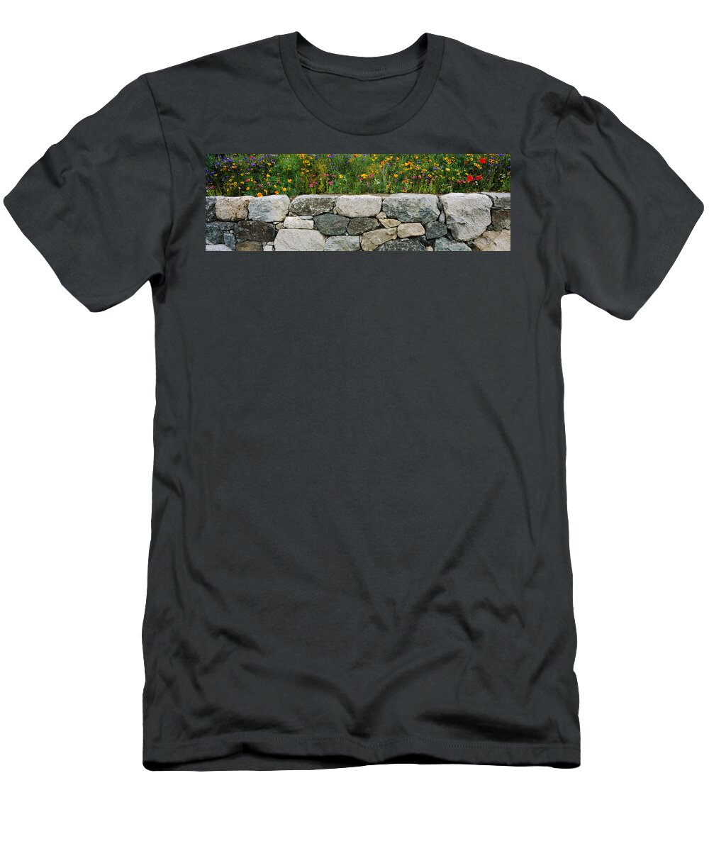 Photography T-Shirt featuring the photograph Wildflowers Growing Near A Stone Wall by Panoramic Images