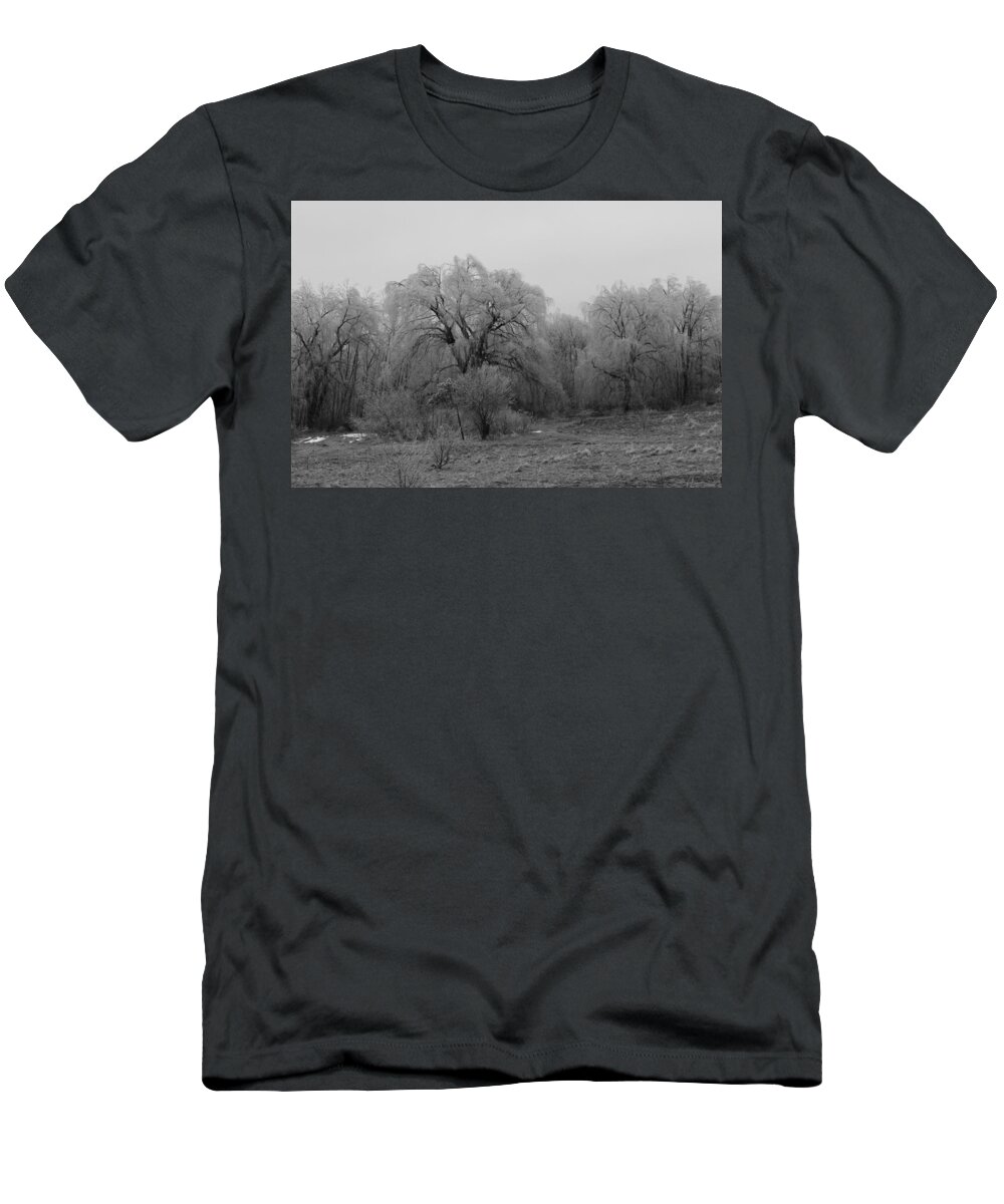 Winter Ice T-Shirt featuring the photograph Willow Trees Iced B/W by Carrie Godwin