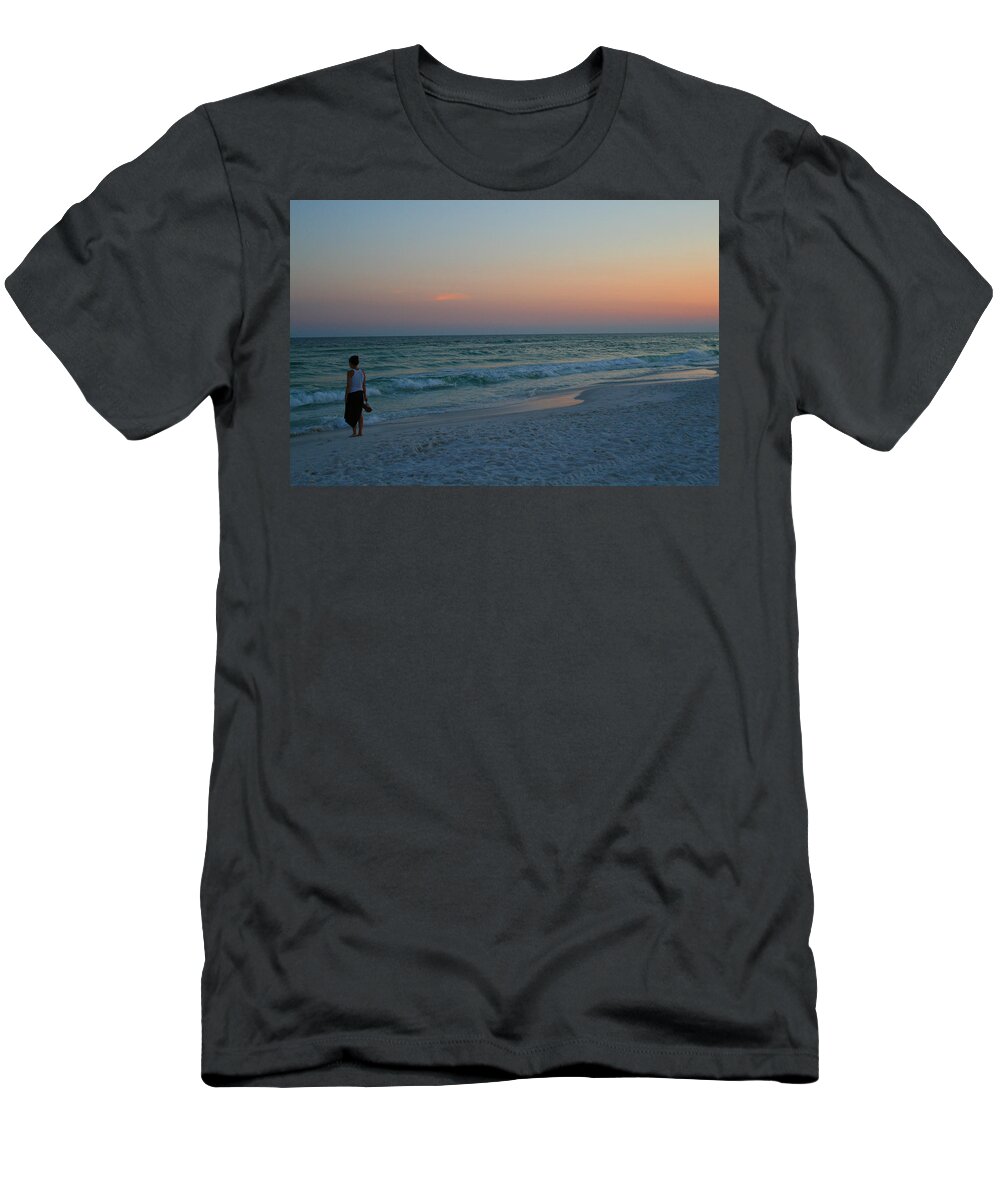 Woman T-Shirt featuring the photograph Woman on Beach at Dusk by Karen Adams