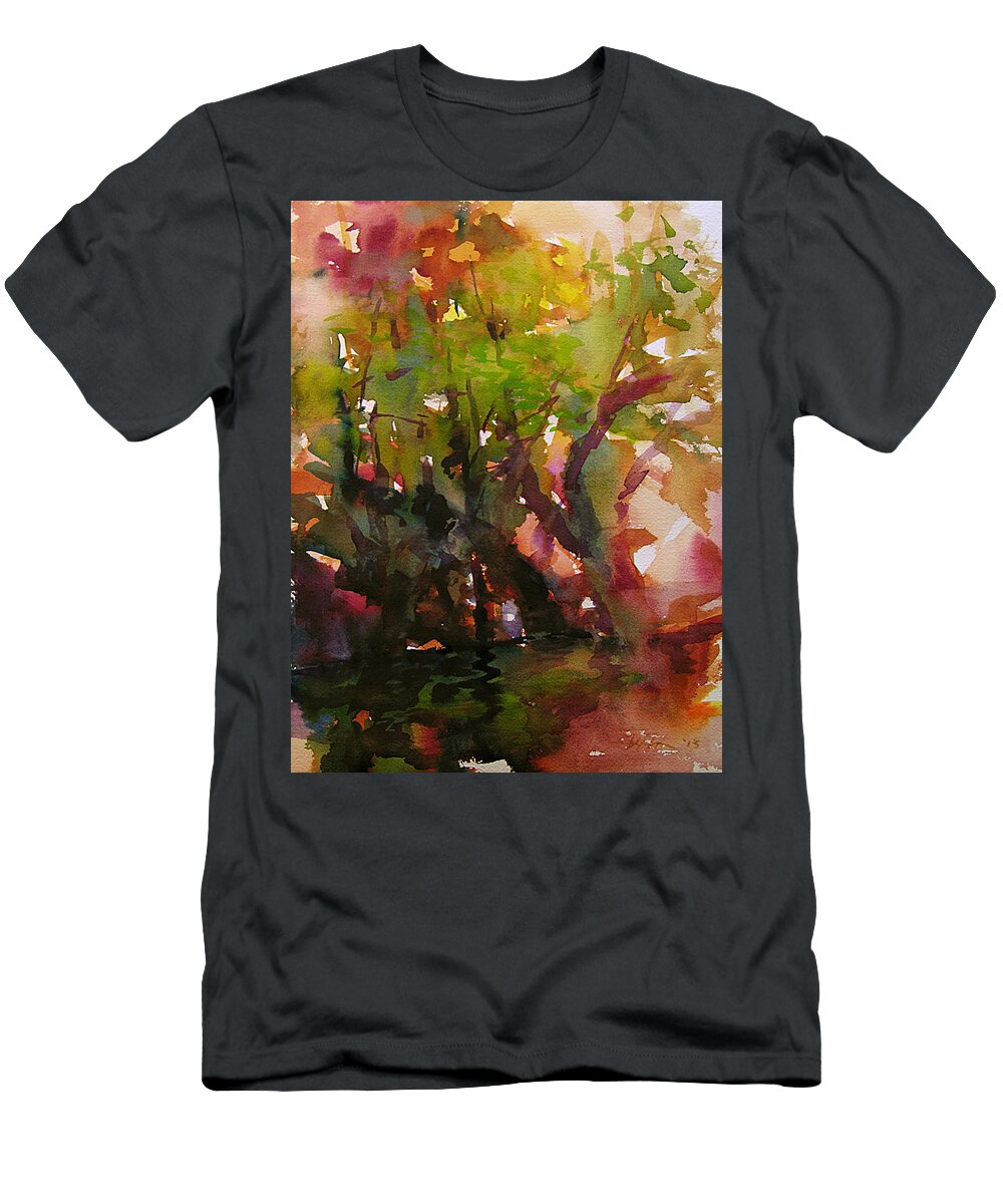 Expressionist Landscape Paintings T-Shirt featuring the painting Woods And Creek Watercolor by Julianne Felton