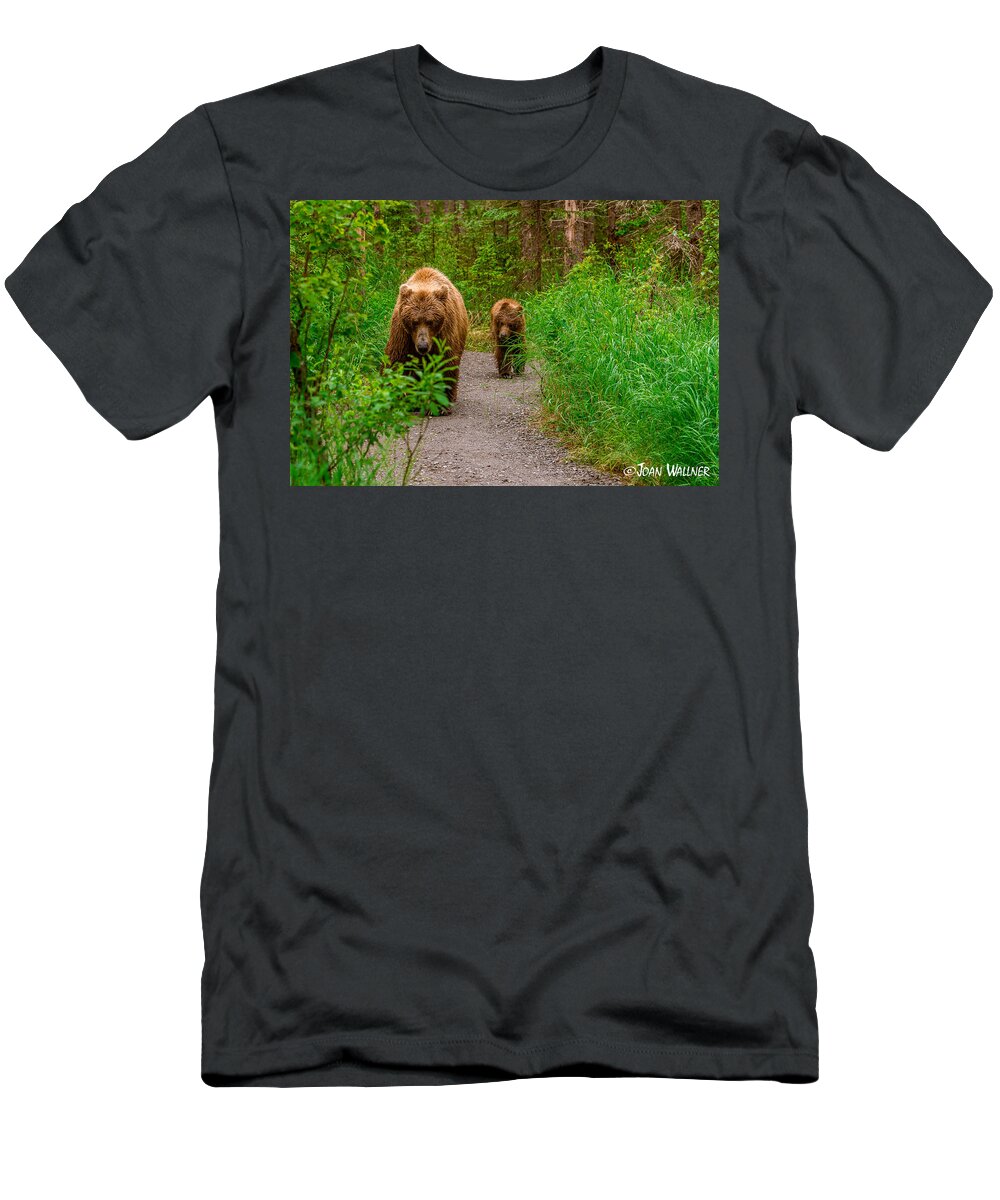 Alaska T-Shirt featuring the photograph Yearling Grizzly following its mom by Joan Wallner