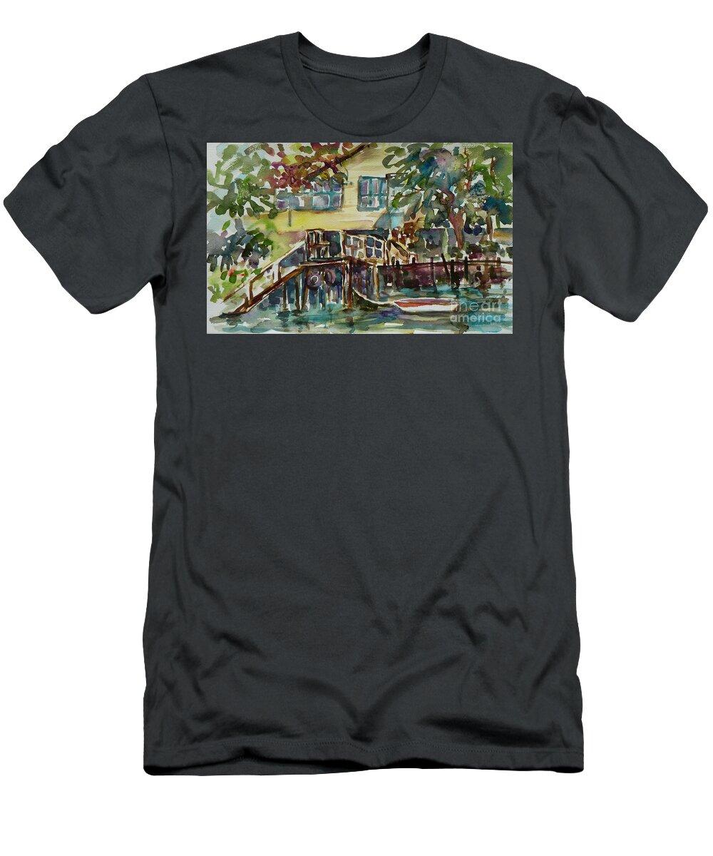 Idyllic T-Shirt featuring the painting Yellow House by the River by Xueling Zou