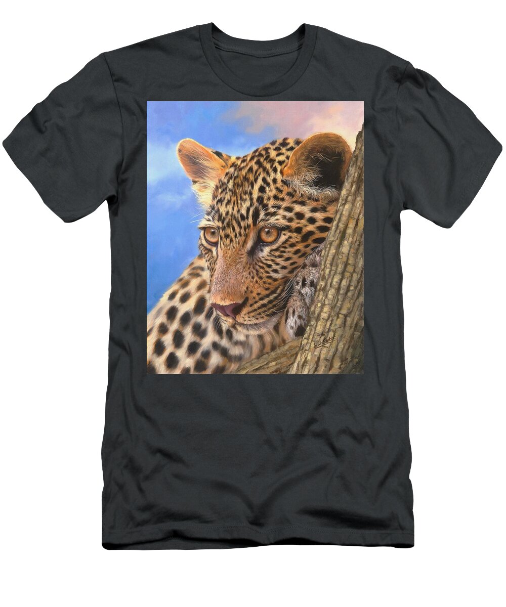 Leopard T-Shirt featuring the painting Young Leopard by David Stribbling