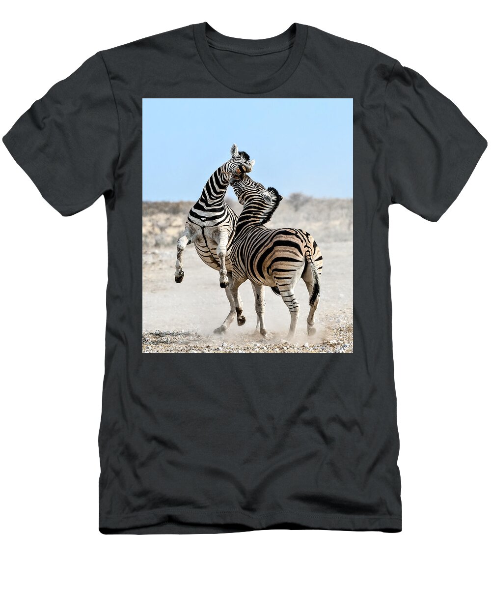 Nis T-Shirt featuring the photograph Zebra Stallions Fighting In Etosha Np by Peter Delaney
