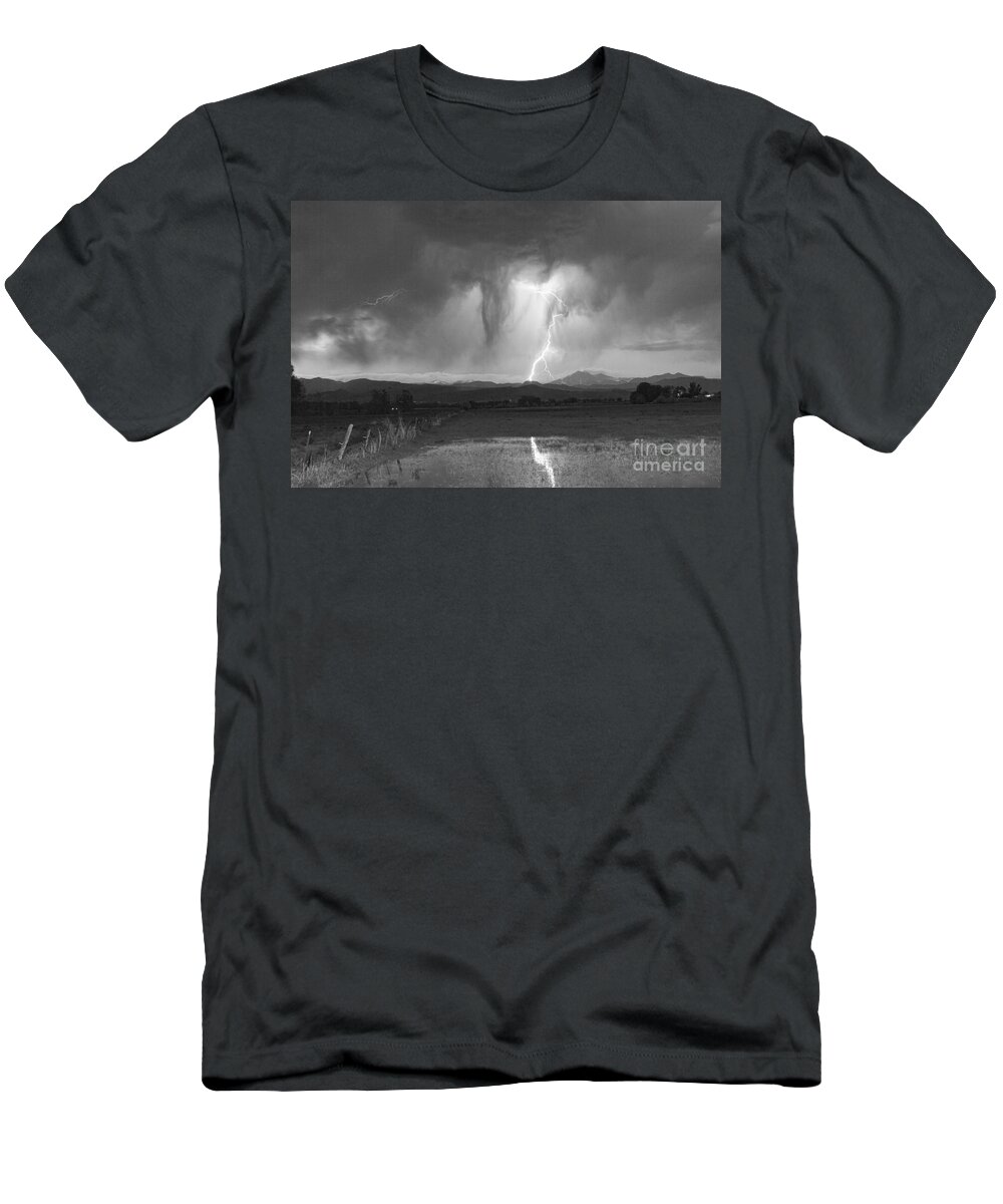 'boulder County' T-Shirt featuring the photograph Lightning Striking Longs Peak Foothills 3 by James BO Insogna