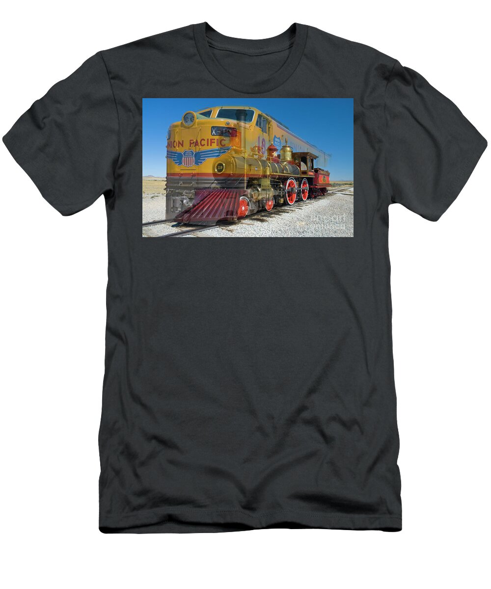 Promontory Point T-Shirt featuring the photograph 100 years of Union Pacific Railroading by Tim Mulina