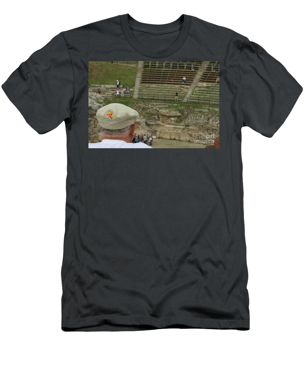 Taormina T-Shirt featuring the photograph A Tourist and the Ancient Theater of Taormina by Donato Iannuzzi