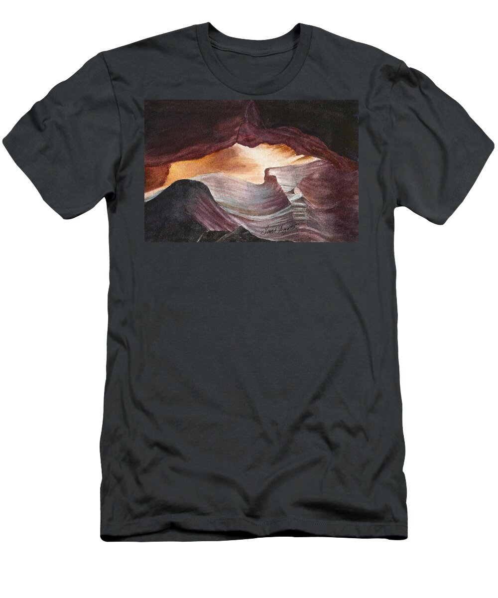 Slot Canyon T-Shirt featuring the painting Antelope Canyon Watercolor by Frank SantAgata
