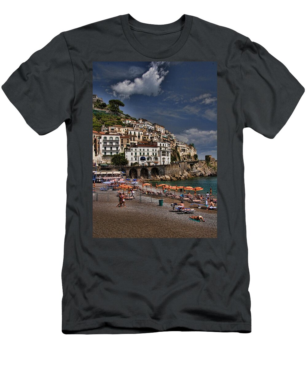 Mediterranean Collection T-Shirt featuring the photograph Beach scene in Amalfi on the Amalfi Coast in Italy by David Smith