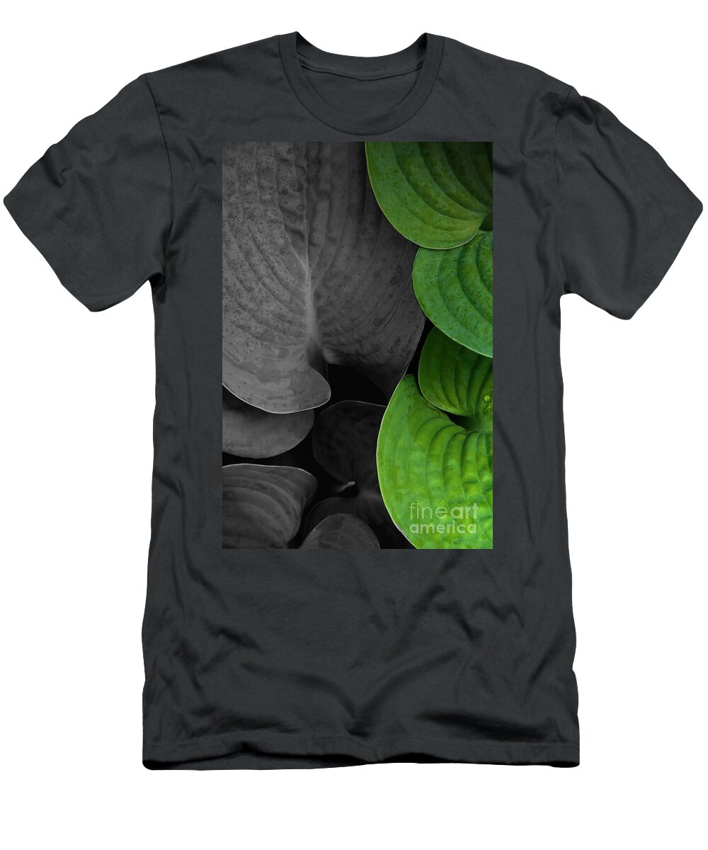 Black And White T-Shirt featuring the photograph Black and white and green leaves by Mike Nellums