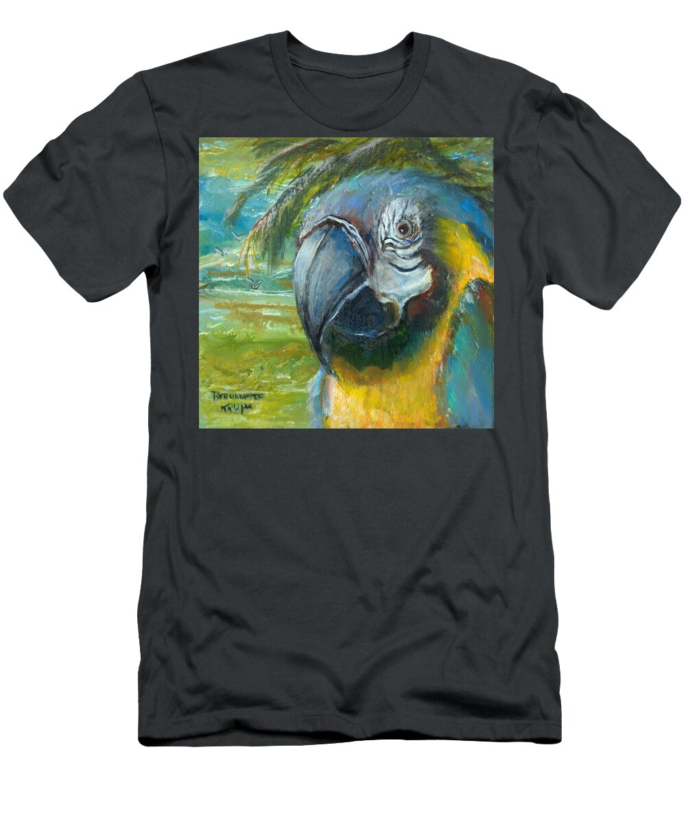 Blue Gold Macaw T-Shirt featuring the painting Blue and Gold Macaw by the Sea by Bernadette Krupa