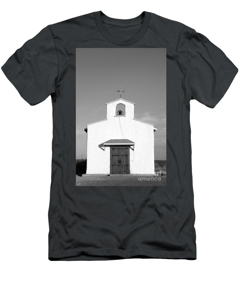 Travelpixpro West Texas T-Shirt featuring the photograph Calera Mission Chapel Facade in West Texas Black and White by Shawn O'Brien