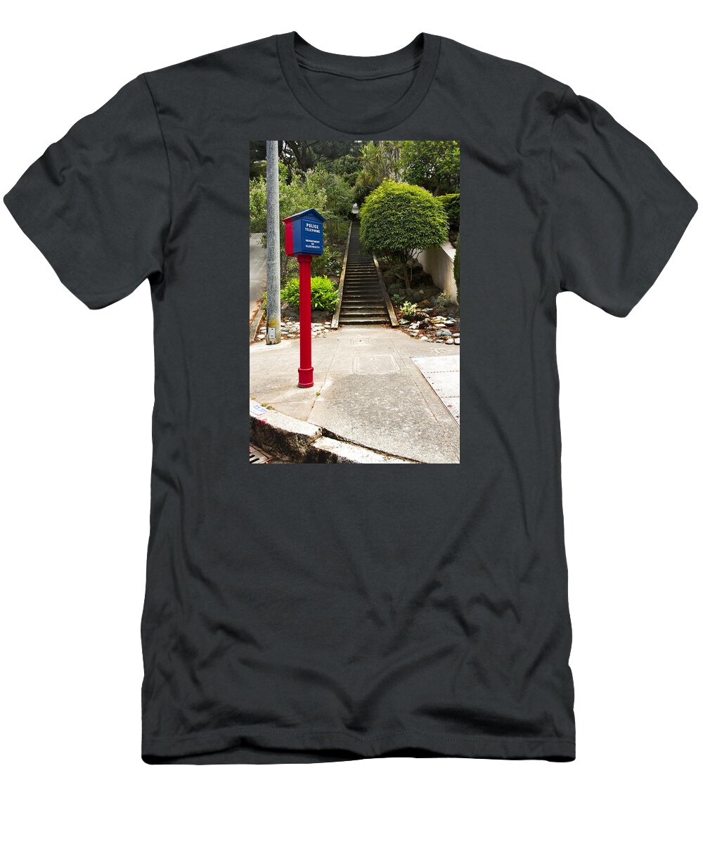 Call Box T-Shirt featuring the photograph Call Box with Stairs by Grant Groberg