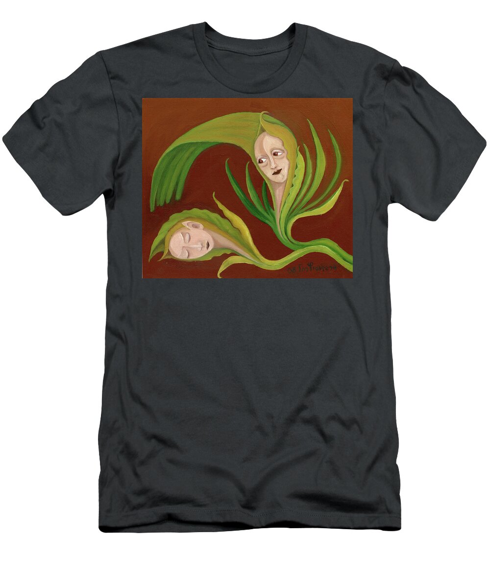 Corn T-Shirt featuring the painting Corn love fantastic realism faces in green corn leaves sleeping or dead loving or mourning gree by Rachel Hershkovitz