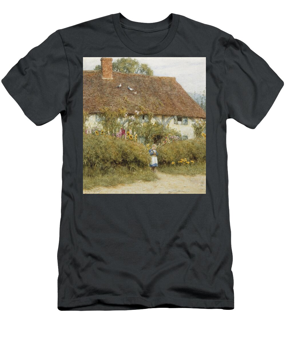 English; Landscape; C19th; C20th; Victorian; Rural; Half-timbered; Flowers; Garden; Child; Girl; Female; Sunflowers T-Shirt featuring the painting Cottage at West Horsley Surrey by Helen Allingham