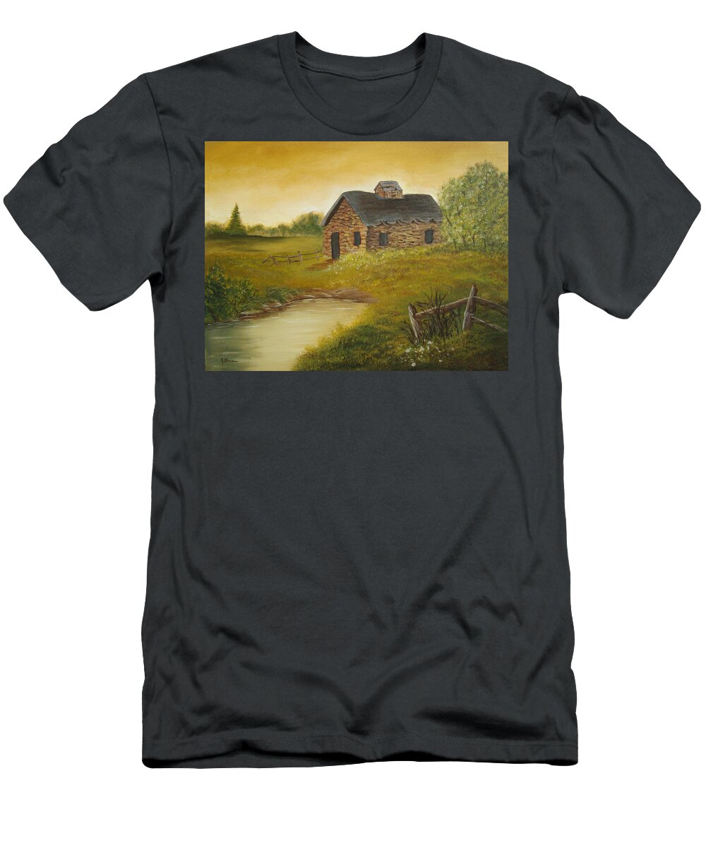 Road T-Shirt featuring the painting Country Cabin by Kathy Sheeran