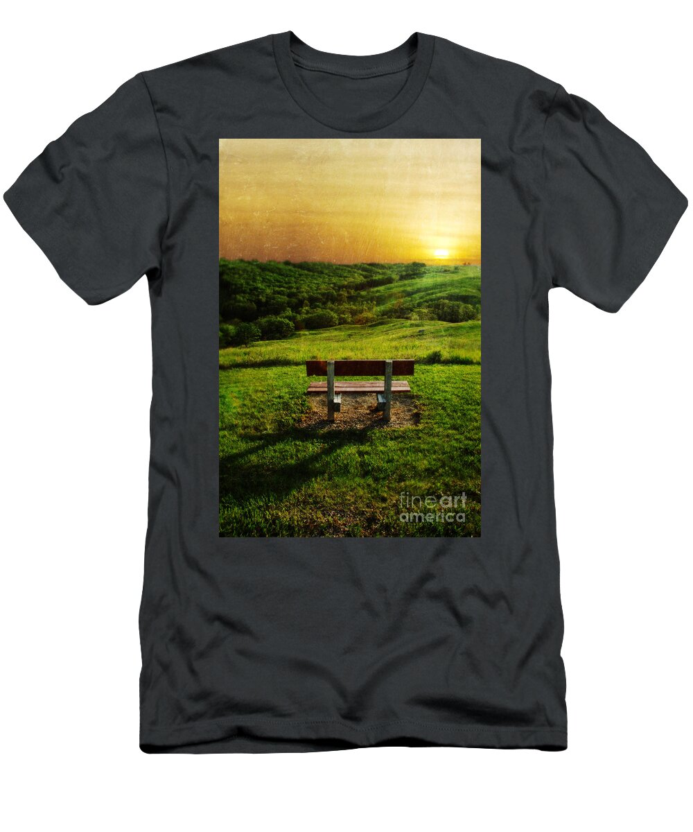 Bench T-Shirt featuring the photograph Empty Bench with a View in the Countryside at Sunset by Jill Battaglia