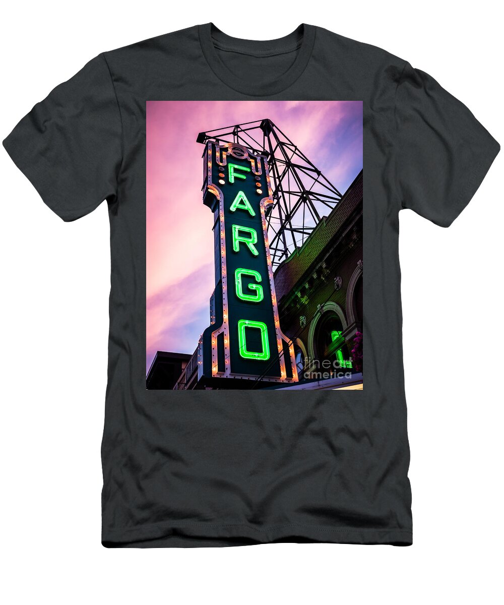 Fargo T-Shirt featuring the photograph Fargo Theater Sign at Dusk Photo by Paul Velgos