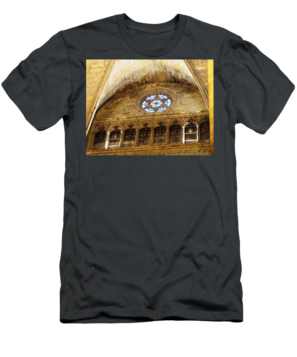 Barcelona T-Shirt featuring the photograph Fascinating Historic Cathedral Building Architecture and Interior Window Design in Barcelona Spain by John Shiron