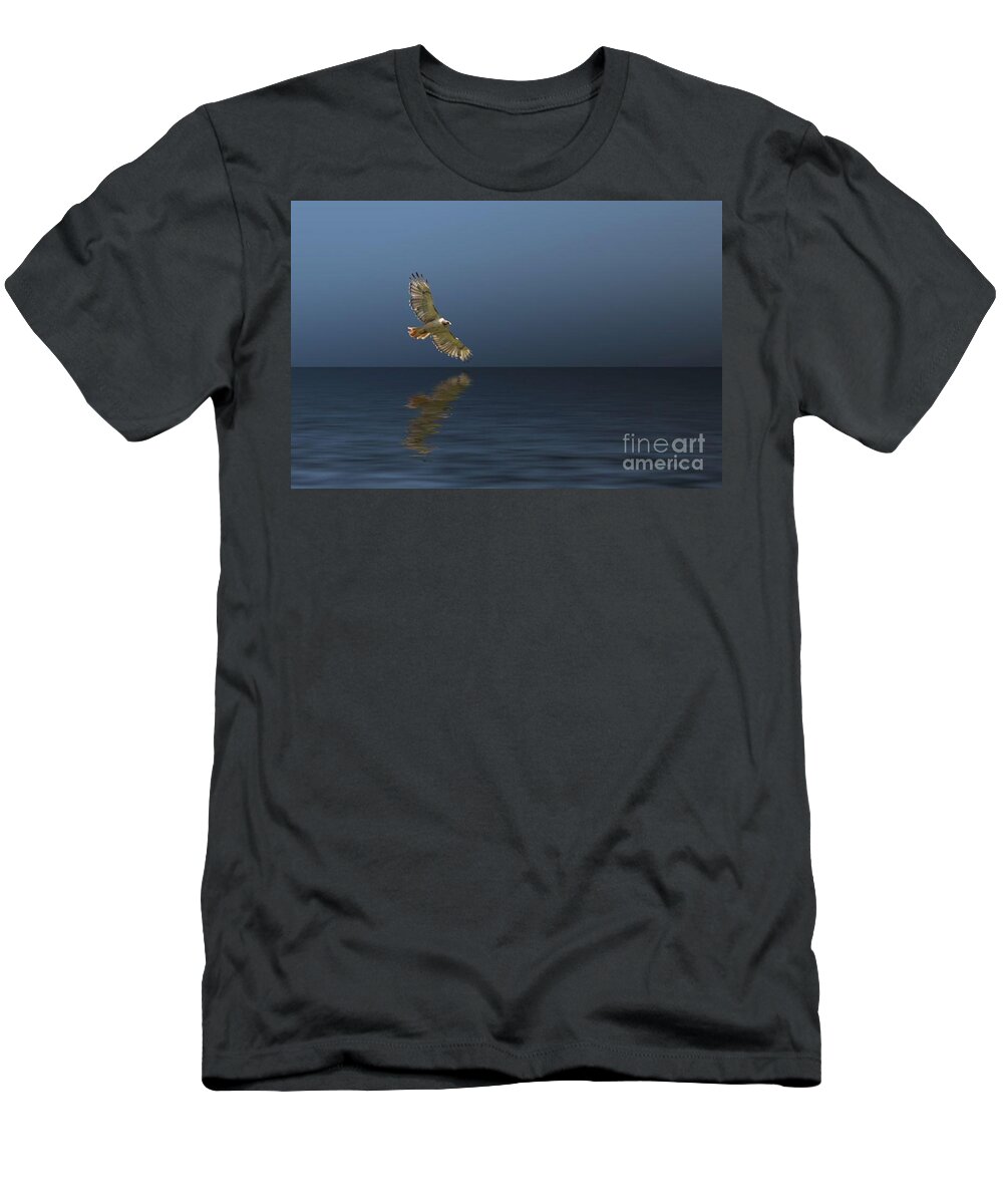 Red-tailed T-Shirt featuring the photograph Hawk Soaring Over Water by Pete Klinger