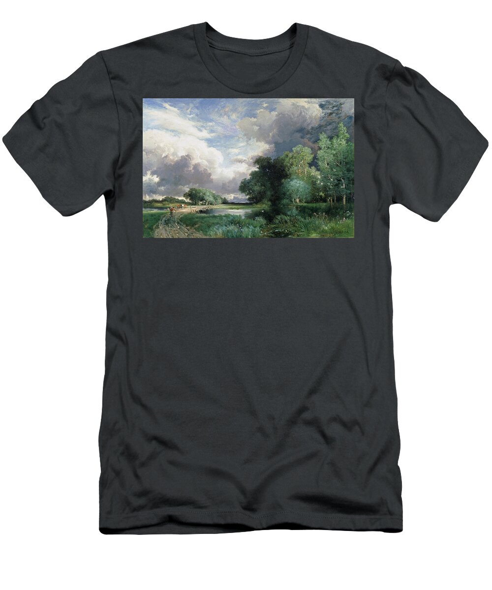 Rural; Remote; River; Riverbank; Dusk; Evening; Track; Road; Path; Journey; Traveller; Walking; Cattle; Homeward Bound; Countryside;landscape With A Bridge (oil On Canvas) By Thomas Moran (1837-1926) Wood T-Shirt featuring the painting Landscape with a bridge by Thomas Moran