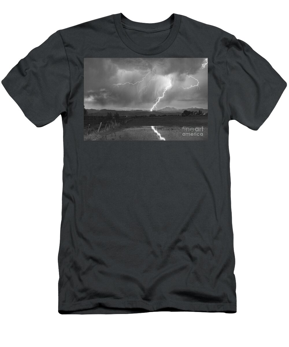 Awesome T-Shirt featuring the photograph Lightning Striking Longs Peak Foothills 2BW by James BO Insogna