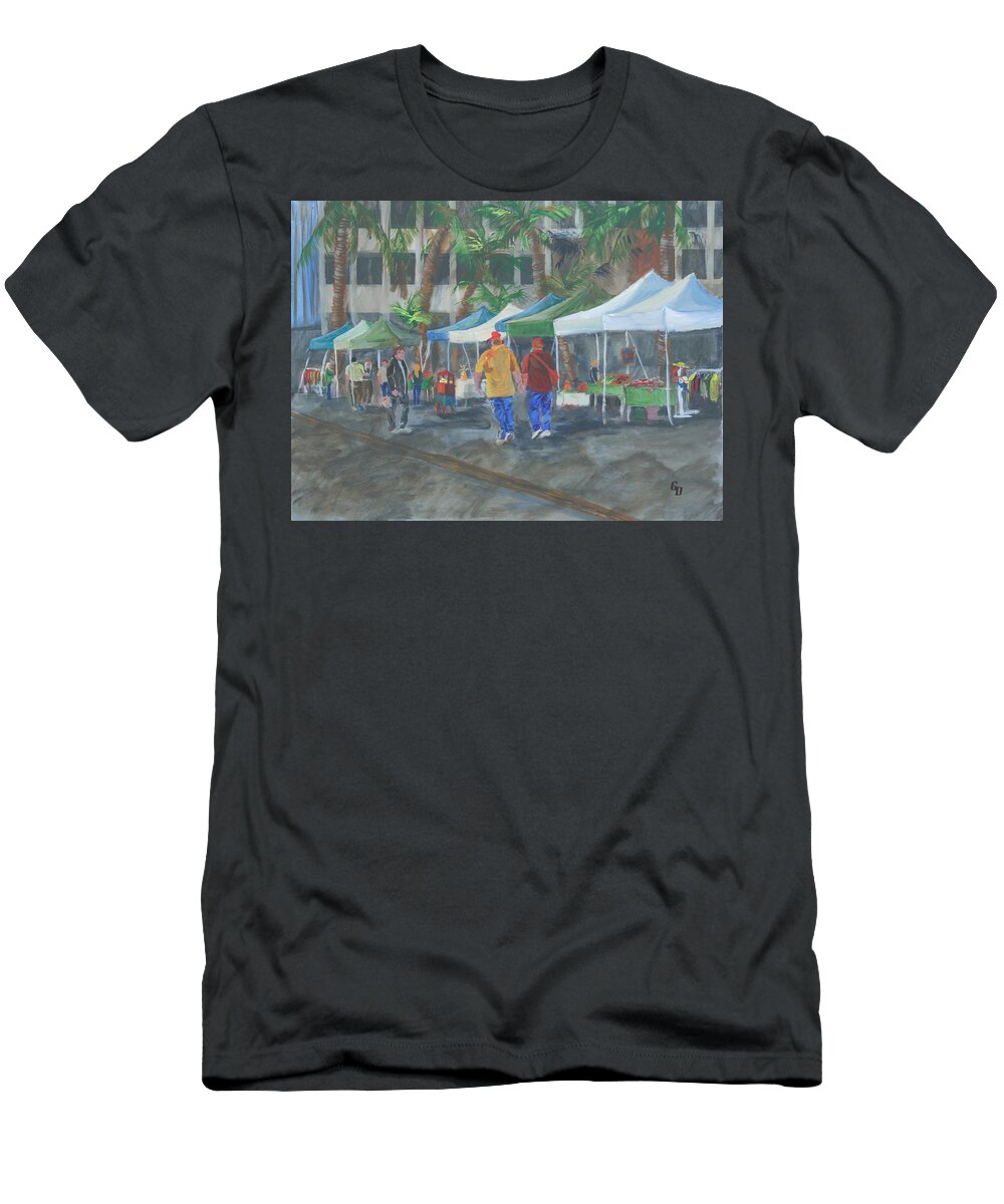 #cities T-Shirt featuring the painting Long Beach Farmers Market by Gail Daley