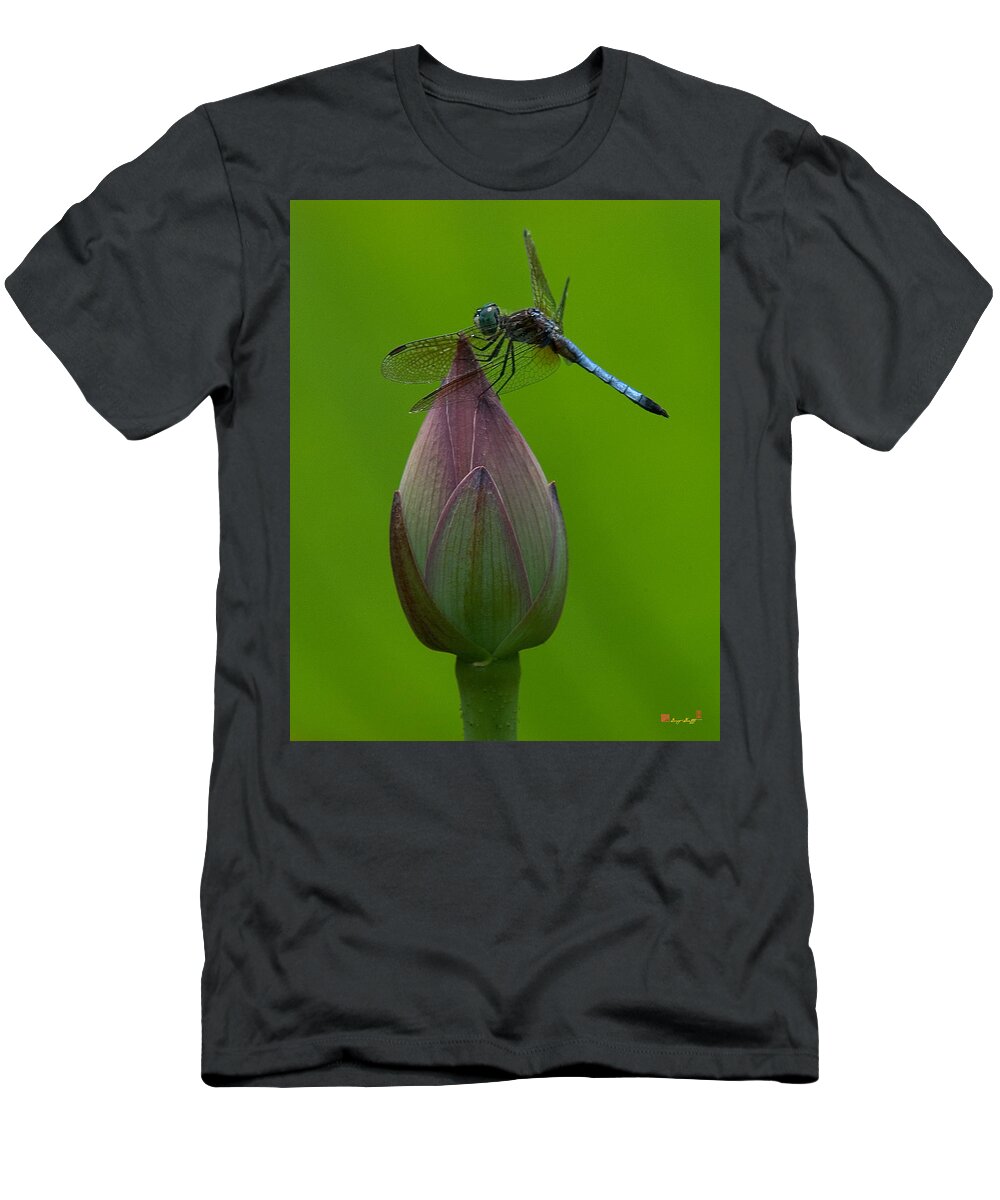 Nature T-Shirt featuring the photograph Lotus Bud and Blue Dasher Dragonfly DL007 by Gerry Gantt