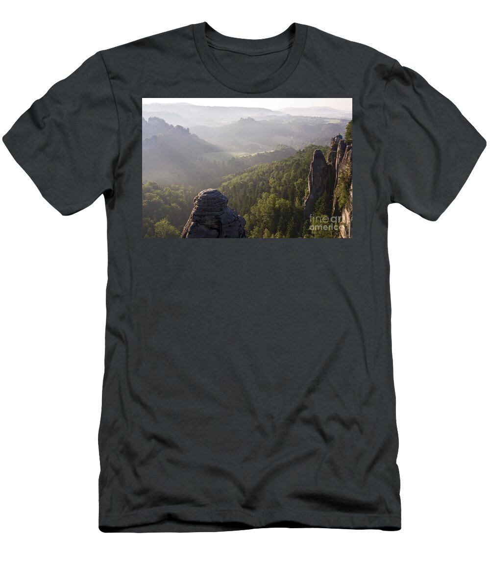 Germany T-Shirt featuring the photograph Morning Mist laying over Elbe Sandstone Mountains by Heiko Koehrer-Wagner