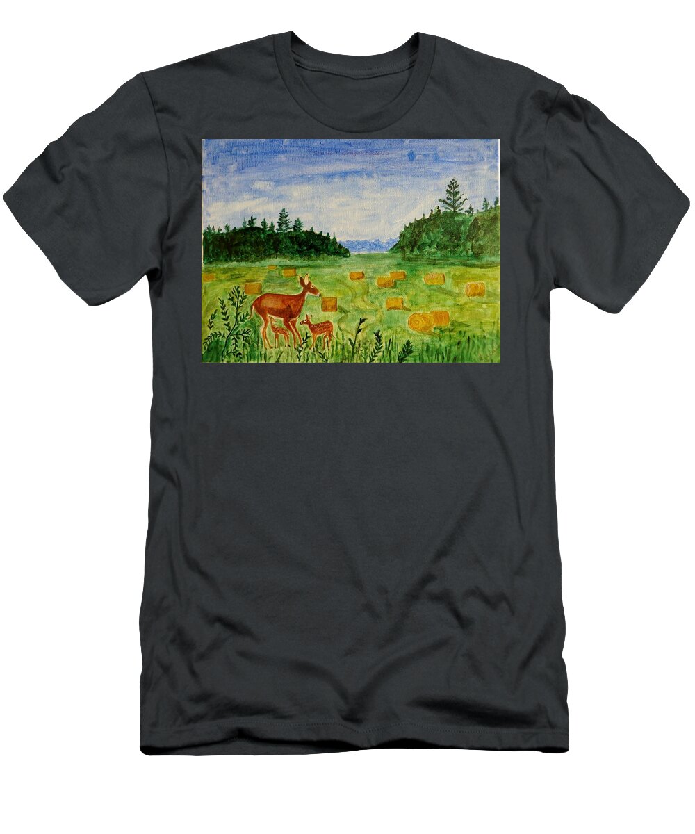 Trees T-Shirt featuring the painting Mother Deer and kids by Sonali Gangane