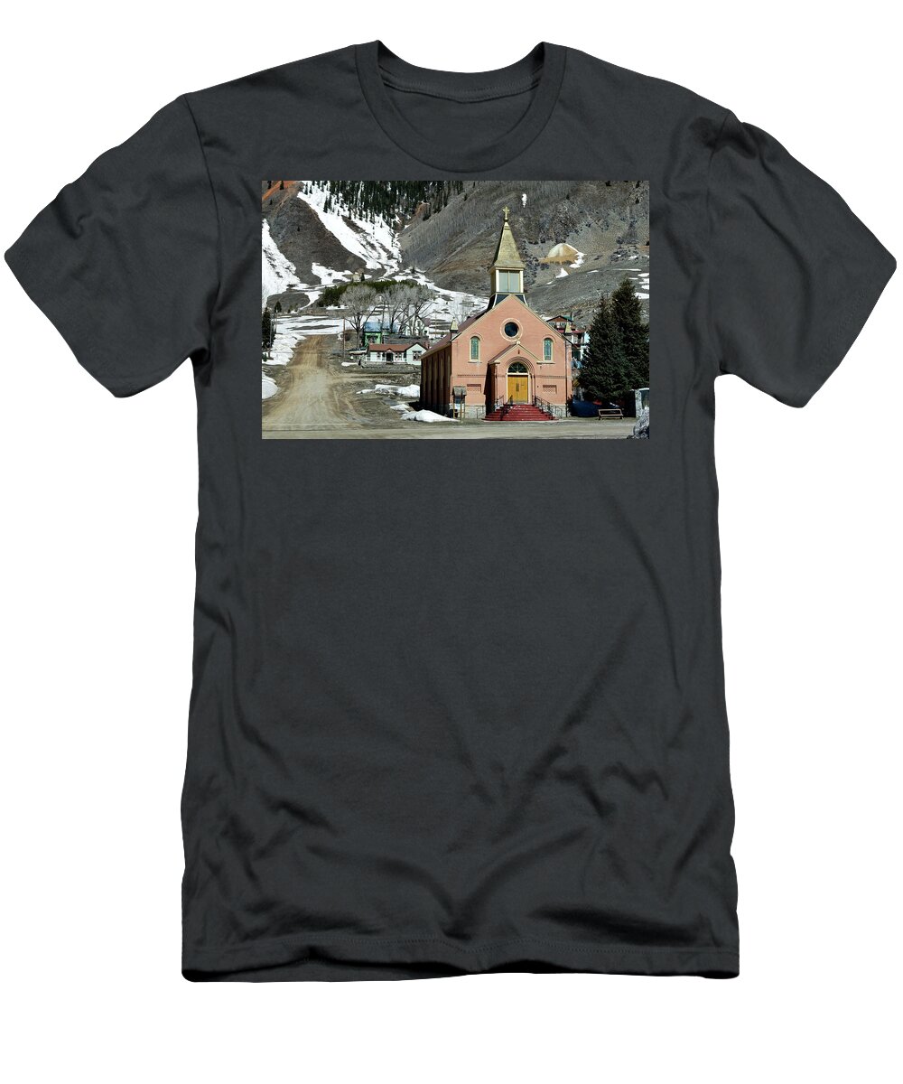 Silverton T-Shirt featuring the photograph Mountain Chapel With Red Steps by Lorraine Devon Wilke