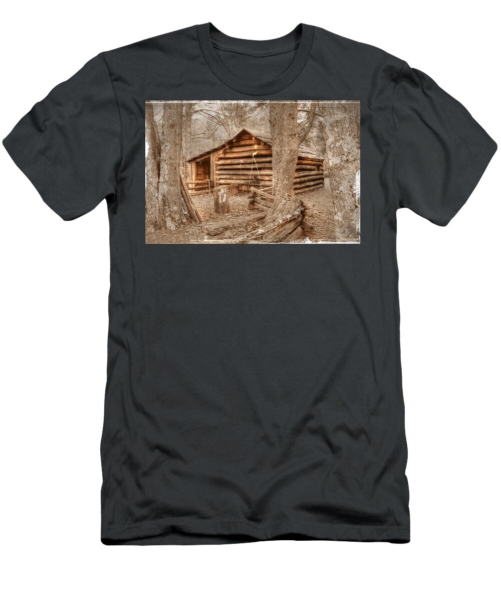Sepia T-Shirt featuring the photograph Old Mill Work Cabin by Dan Stone