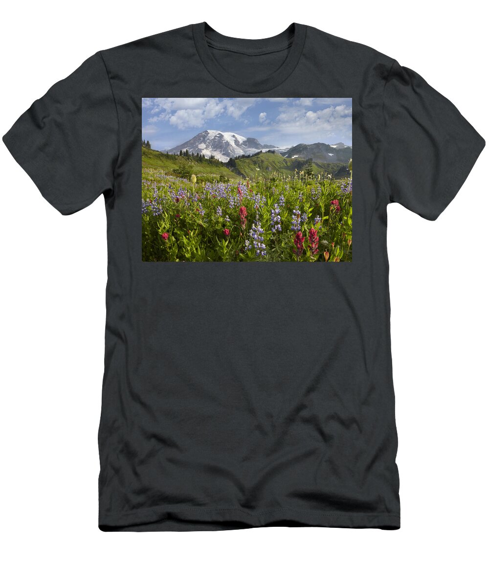 00437809 T-Shirt featuring the photograph Paradise Meadow And Mount Rainier Mount by Tim Fitzharris