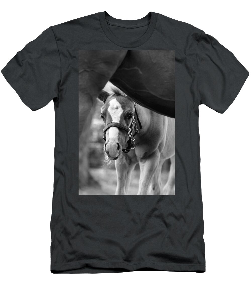 Horse T-Shirt featuring the photograph Peek'a Boo - Black and White by Angela Rath