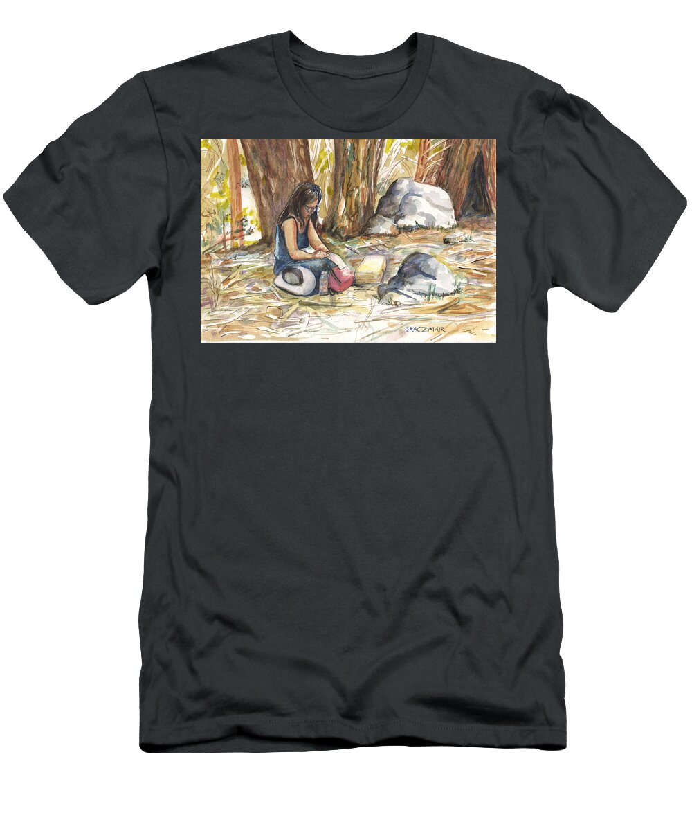 Plein Air In The Sequoias T-Shirt featuring the painting Plein Air in the Sequoias by Olga Kaczmar