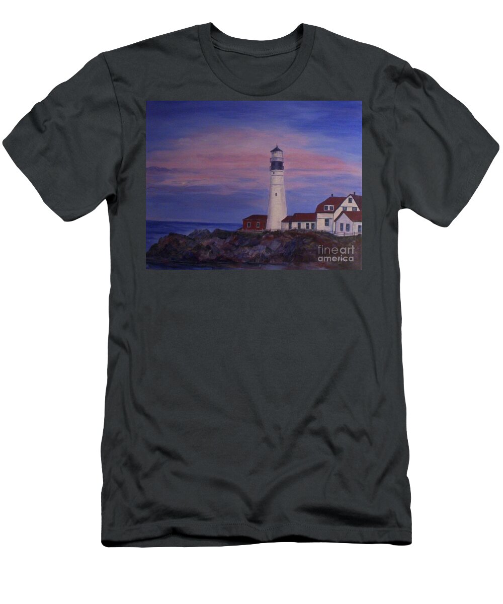 Lighthouse T-Shirt featuring the painting Portland Head Lighthouse at Dawn by Julie Brugh Riffey