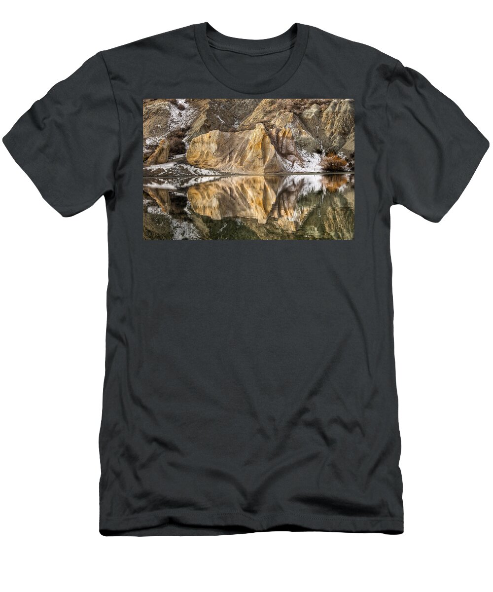 00445354 T-Shirt featuring the photograph Reflections Of Clay Cliffs In Blue Lake by Colin Monteath