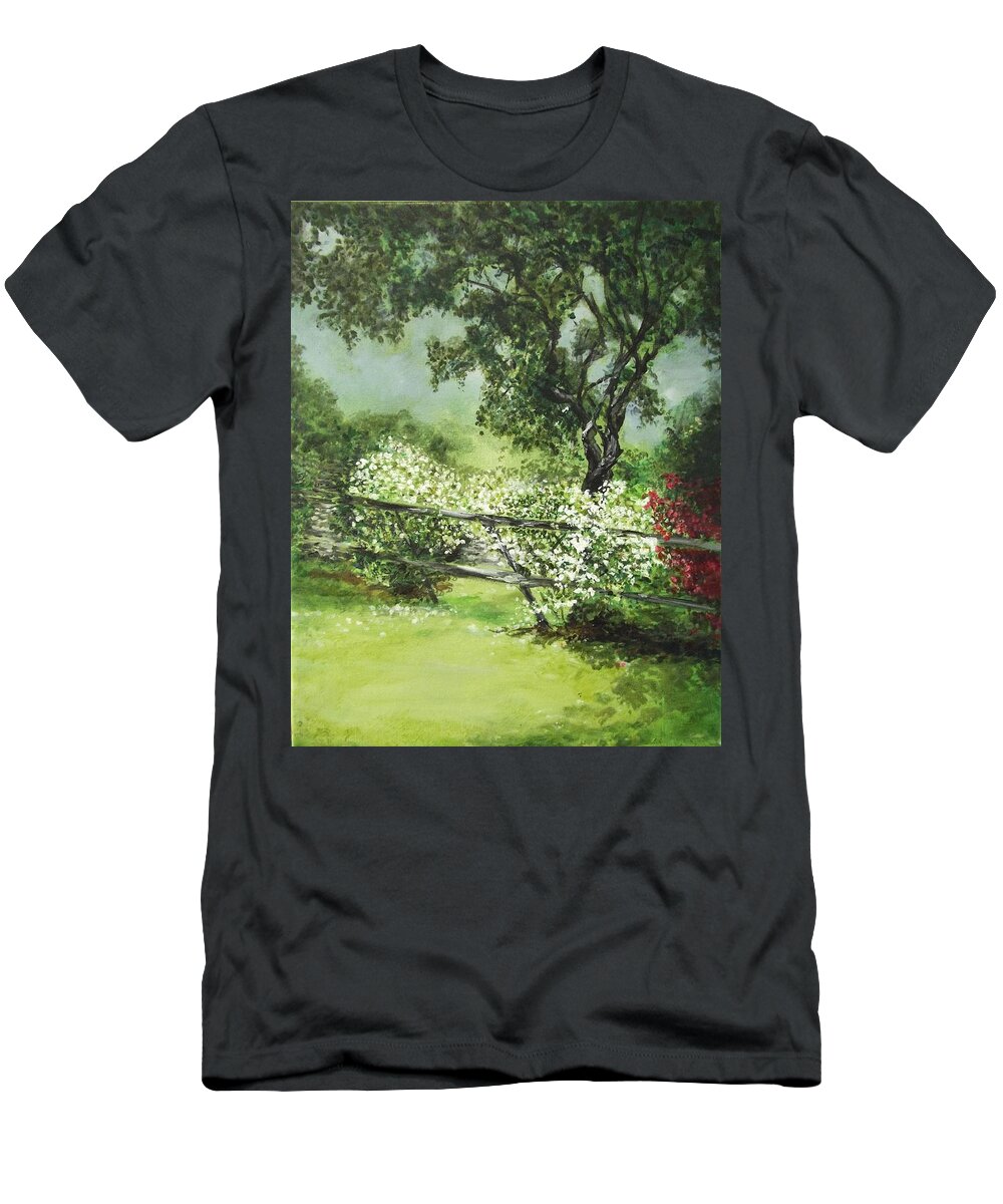 Trees T-Shirt featuring the painting Rickety Old Fence by Lizzy Forrester