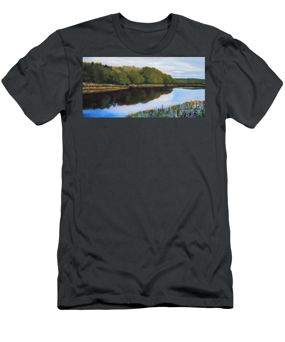 Maine T-Shirt featuring the painting River Lupine Flowers by Laura Tasheiko
