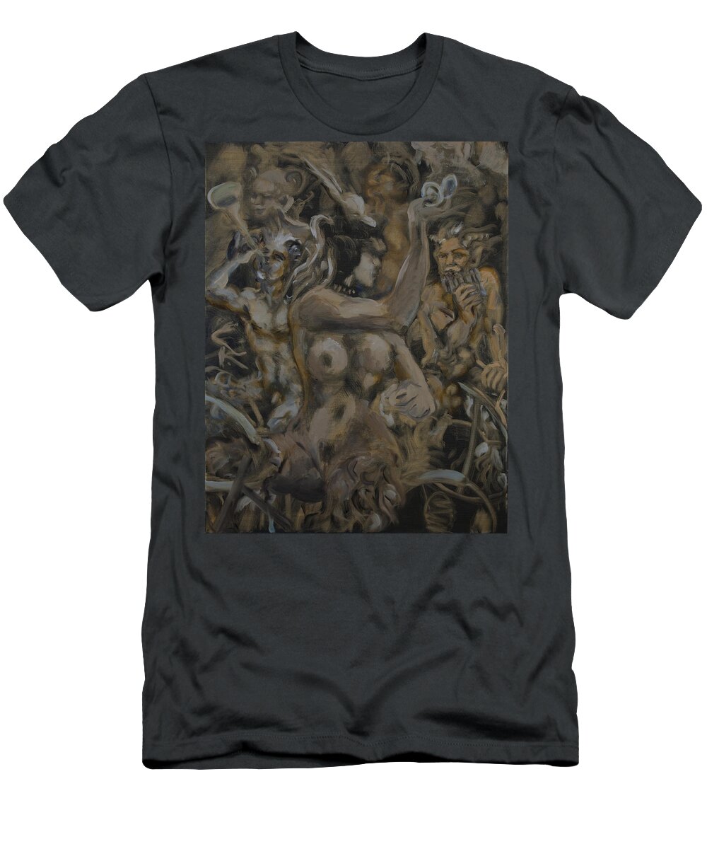 Nudes T-Shirt featuring the painting Satyr queen with suitors on bike ride by Peregrine Roskilly