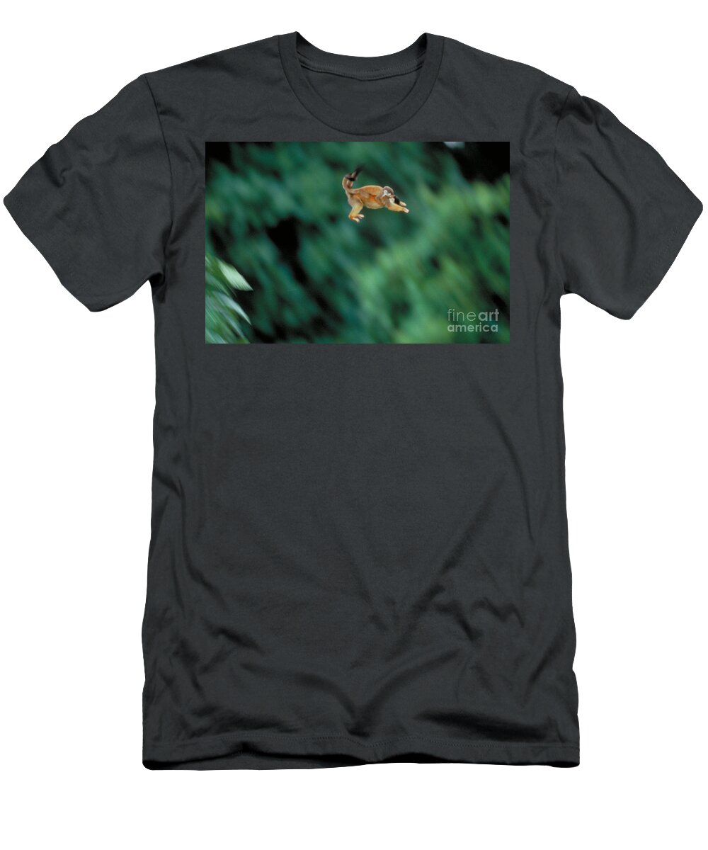 Squirrel Monkey T-Shirt featuring the photograph Squirrel Monkey Leaping With Young by Gregory G Dimijian MD