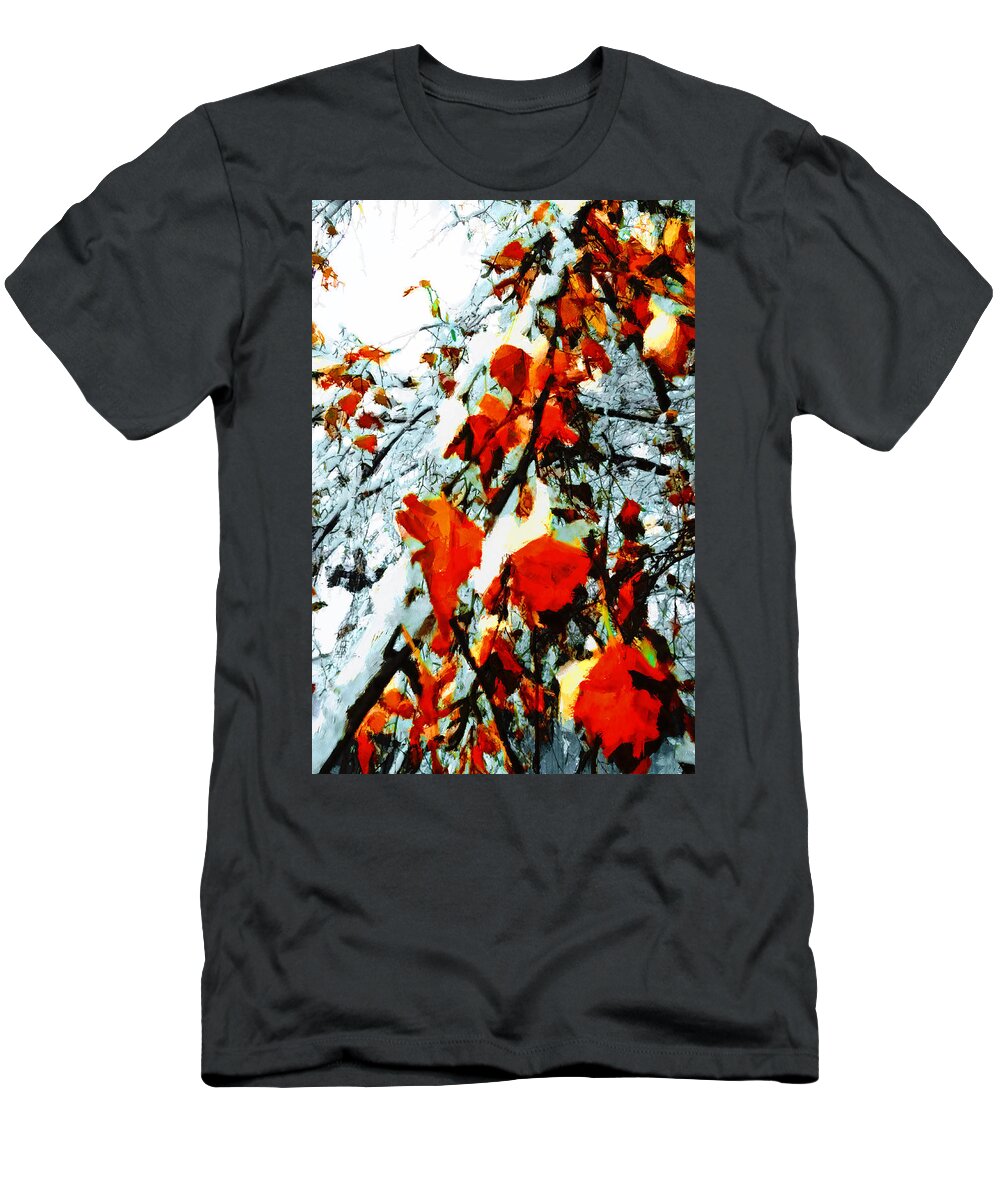 Autumn T-Shirt featuring the photograph The Autumn Leaves and Winter Snow by Steve Taylor
