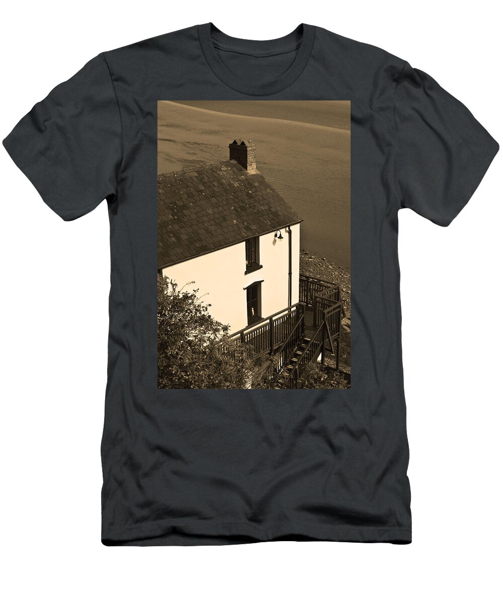 The Boathouse T-Shirt featuring the photograph The Boathouse at Laugharne Sepia by Steve Purnell