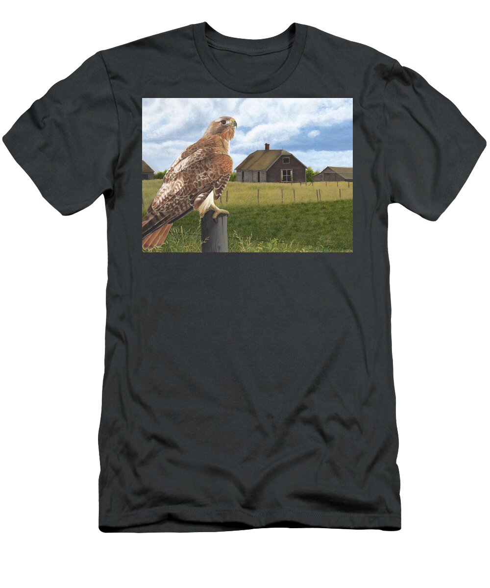 Red Tailed Hawk Over Looking Old Homestead T-Shirt featuring the painting The Grounds Keeper by Tammy Taylor