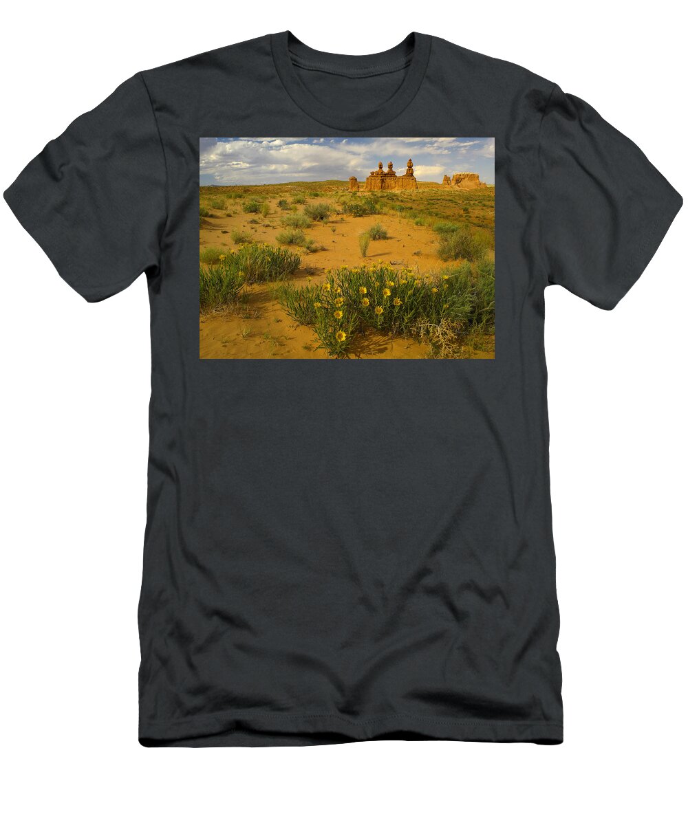 00175244 T-Shirt featuring the photograph The Three Judges Goblin Valley State by Tim Fitzharris