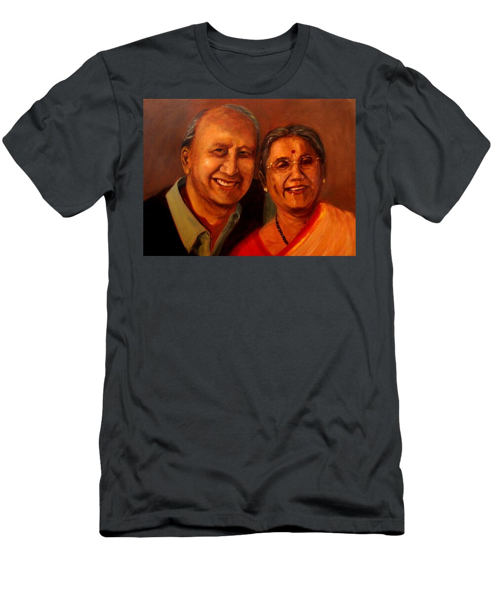 Portrait Of Uncle And Aunt Who Celebrated Their 55th Wedding Anniversary On 3rd Feb.2012 T-Shirt featuring the painting Uncle and Aunt by Asha Sudhaker Shenoy