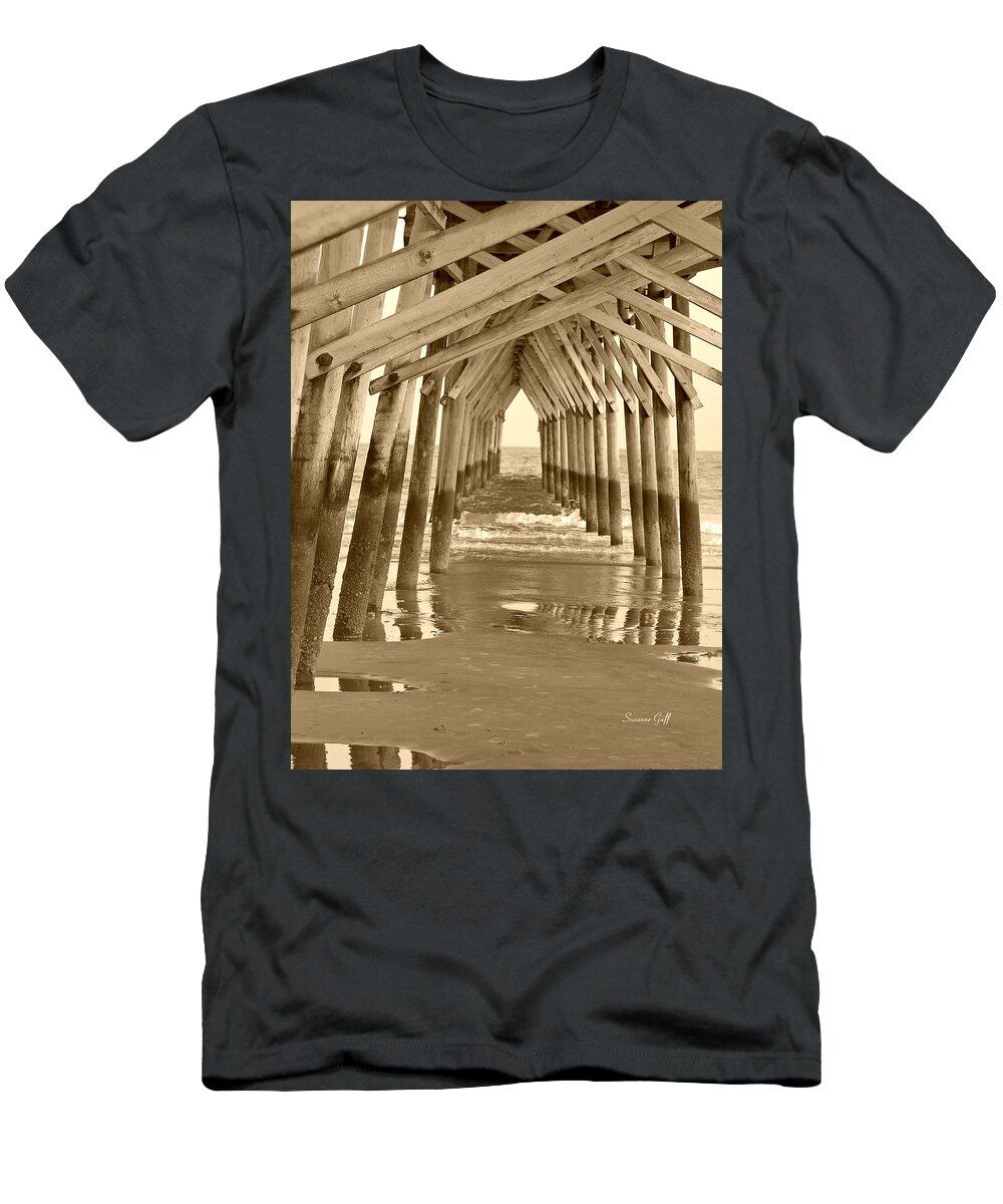 Boardwalk T-Shirt featuring the photograph Under the Pier - Sunset Beach in sepia by Suzanne Gaff