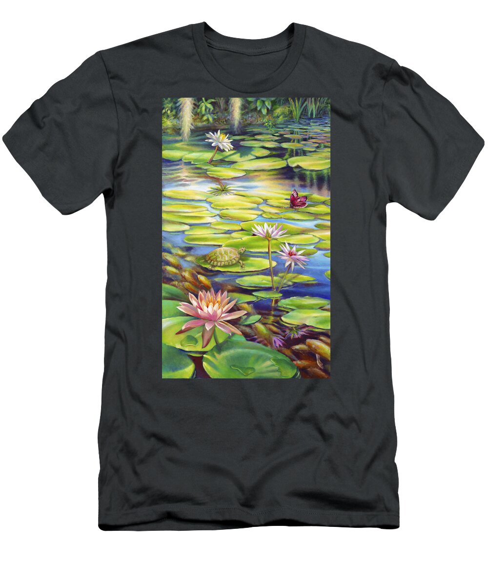 Water Lily T-Shirt featuring the painting Water Lilies at McKee Gardens I - Turtle Butterfly and Koi Fish by Nancy Tilles